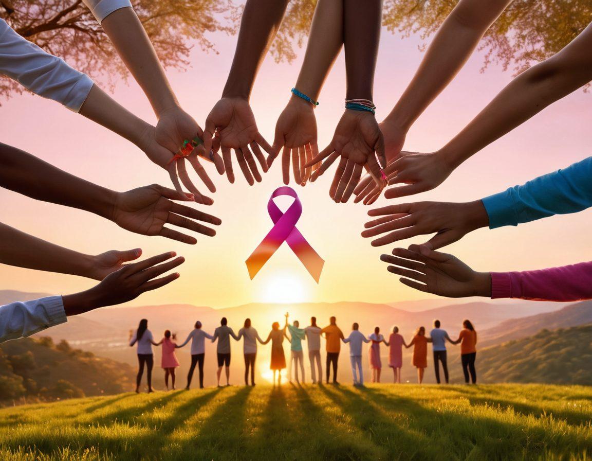 A diverse group of people of different ages and backgrounds, united in a circle, sharing support and hope while holding colorful ribbons symbolizing cancer awareness. In the background, a soft sunset that symbolizes hope and new beginnings, with trees and gentle hills. Warm, inviting colors to evoke feelings of empowerment and community. super-realistic. vibrant colors. uplifting atmosphere.
