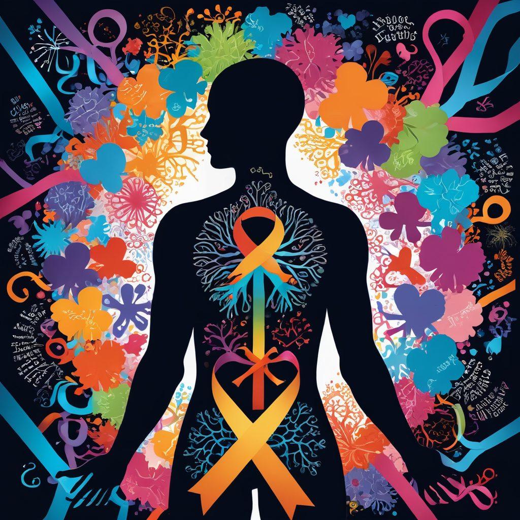 A thought-provoking illustration of a human silhouette filled with vibrant diagrams of cancer cells, surrounded by visual representations of awareness and education. Integrate elements of hope such as ribbons, books, and a heart symbol, all in a dynamic composition that conveys the journey from awareness to action. Use bright colors to inspire positivity and urgency in cancer understanding. super-realistic. vibrant colors. 3D.