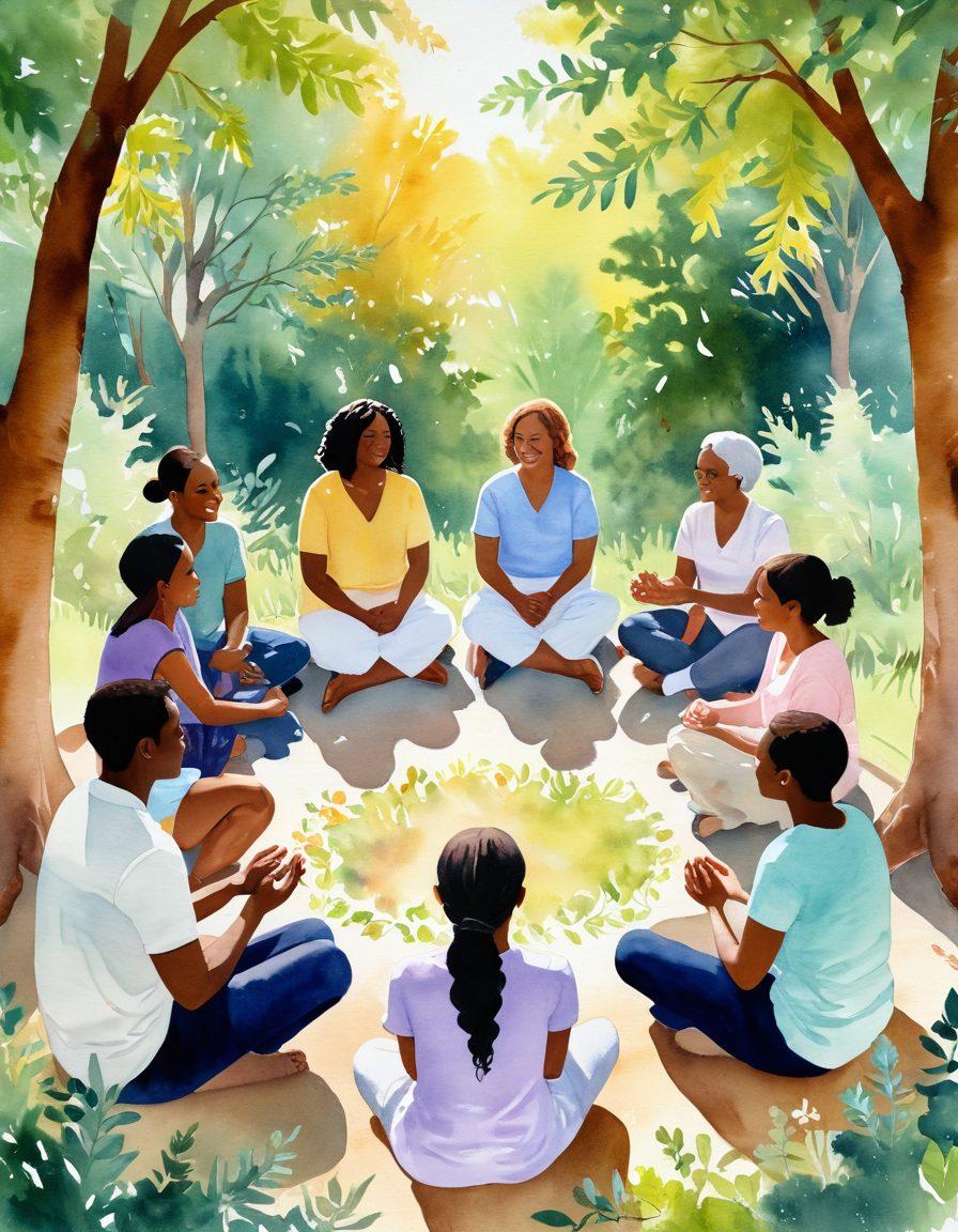 A serene gathering of diverse individuals sitting in a circle, sharing their survivor stories, surrounded by a warm and supportive atmosphere. Soft sunlight filters through leafy trees, symbolizing hope and healing, with subtle elements of connection like open hands and gentle smiles. Incorporate comforting colors and textures to evoke a sense of community and understanding. watercolor painting. soft pastel colors. natural elements.
